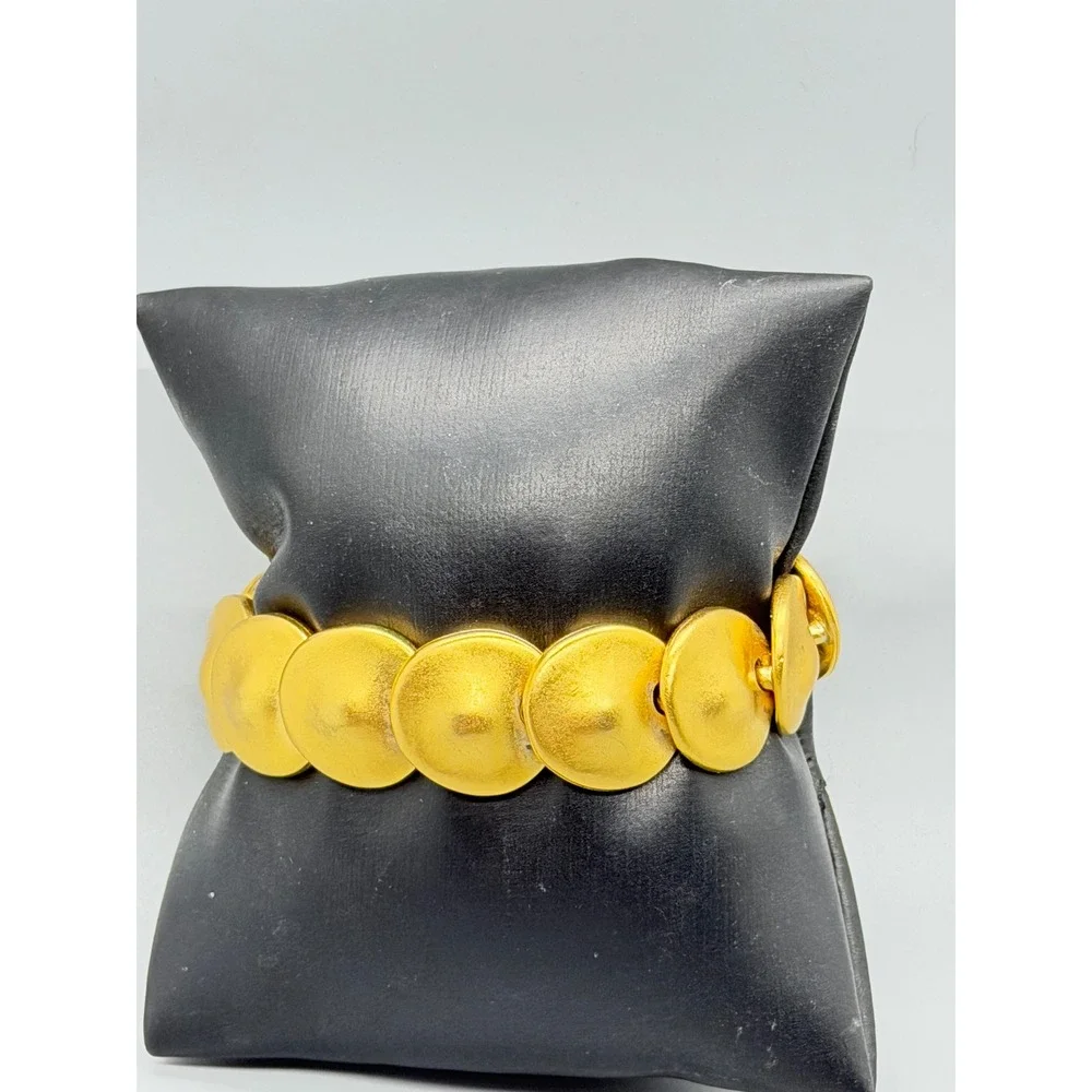 Vintage Craft ROund Disk Link Bracelet Matt Brushed Gold Tone Domed Art Deco